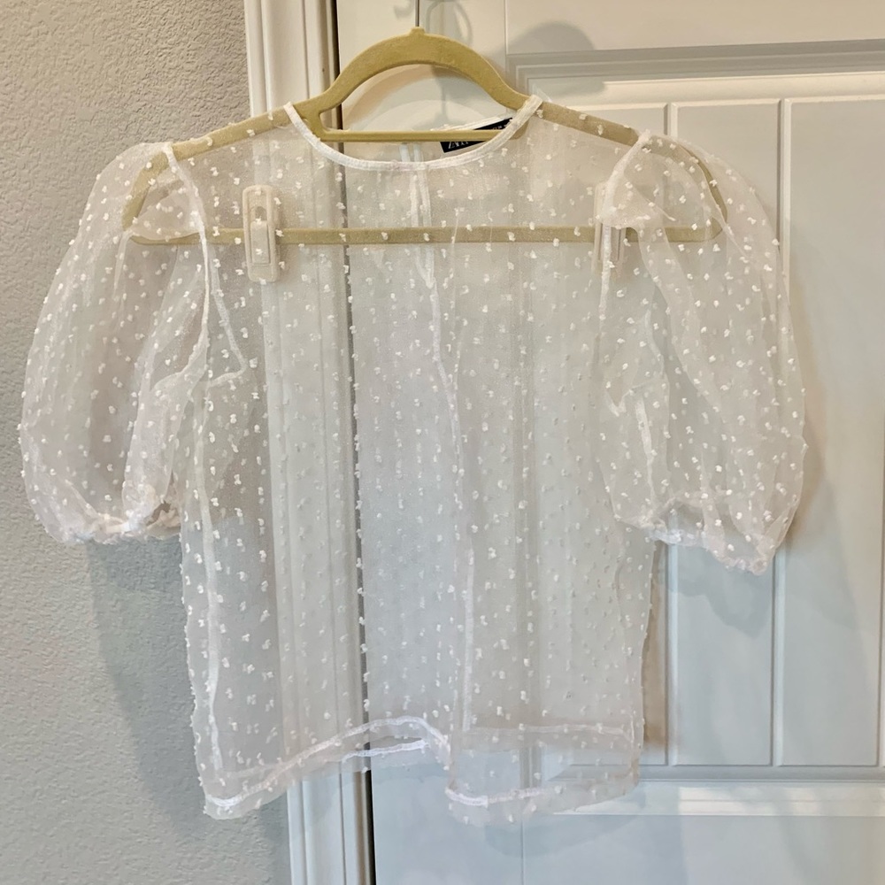 Zara White Sheer Puffed Sleeves Top Size S